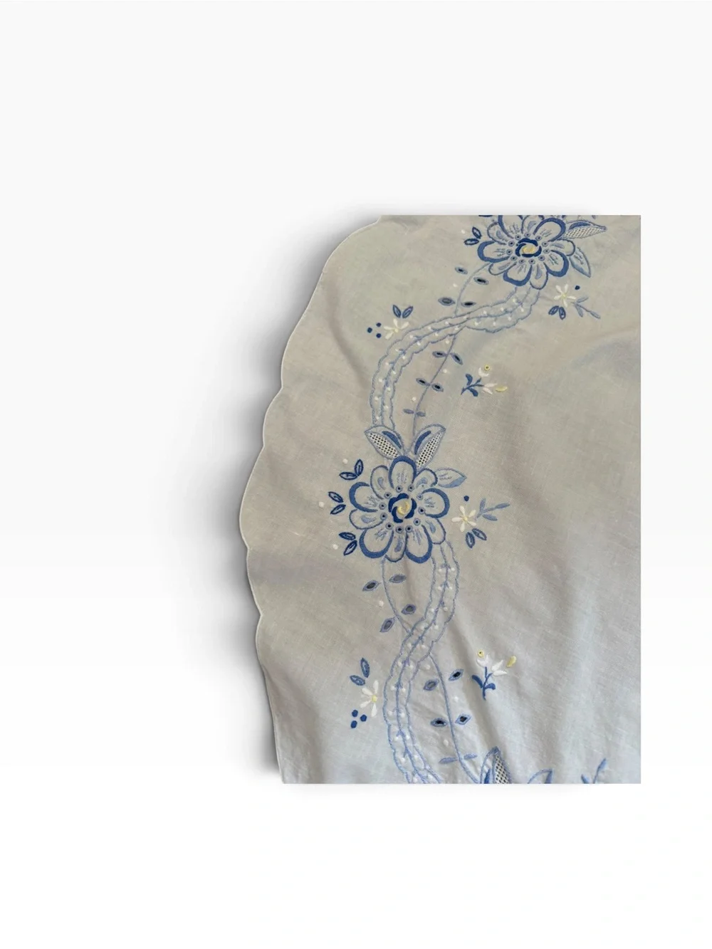 Vintage Blue Floral Embroidered Table Topper 32”